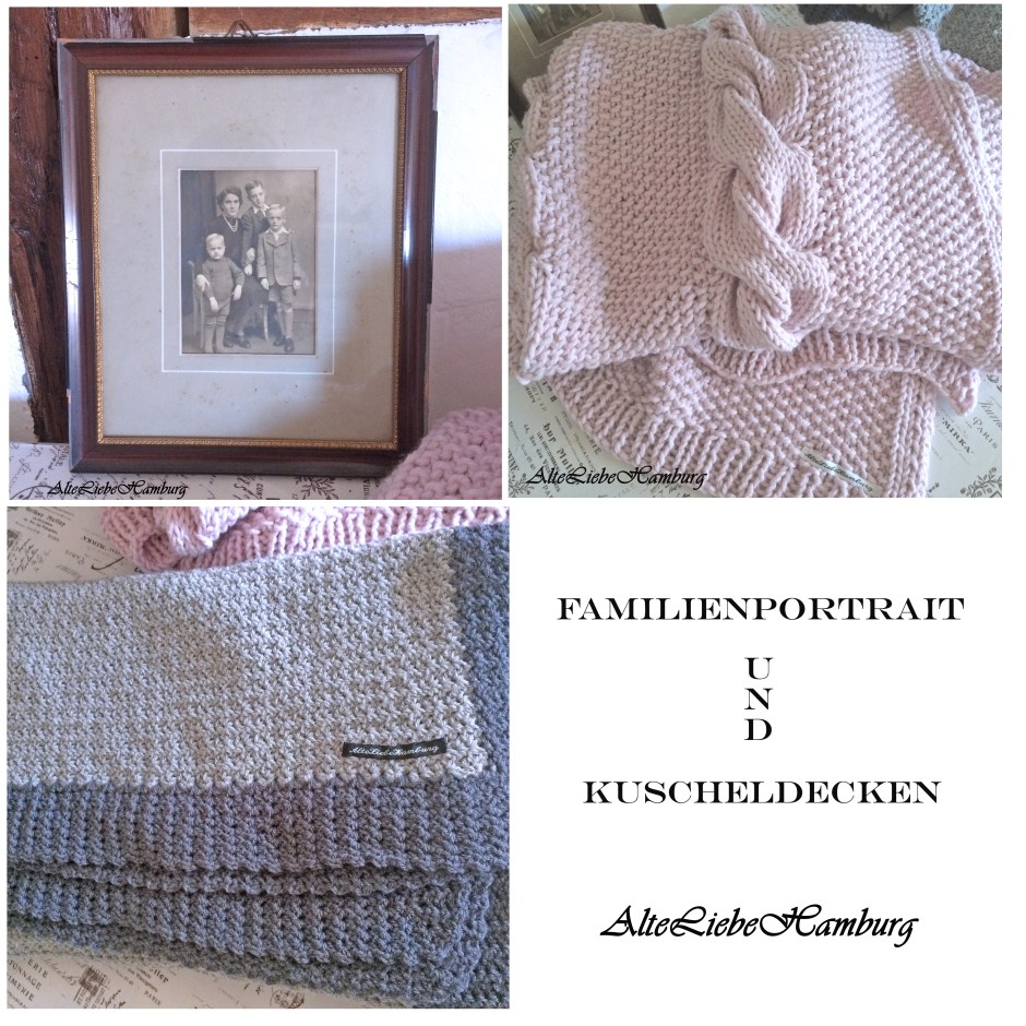 Altes Familienfoto und zwei Tagesdecken in rosa und grau