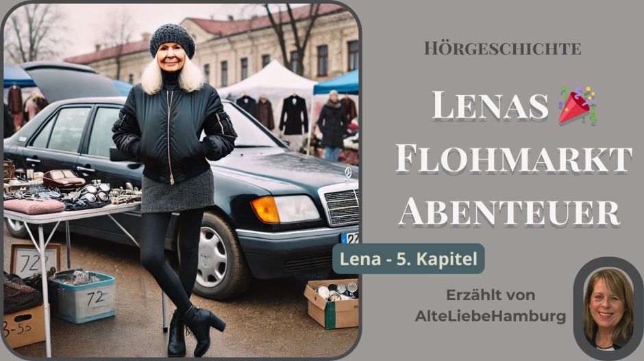 Eine ältere Frau mit grauer Strickmütze, schwarzer Bomberjacke und Leggings steht lächelnd hinter ihrem Flohmarktstand. Vor ihr liegen verschiedene Secondhand-Artikel zum Verkauf, hinter ihr ein schwarzer Wagen. Im Hintergrund sind Marktstände und Besucher auf einem belebten Flohmarkt zu sehen. Der Titel der Hörgeschichte ‚Lenas Flohmarkt-Abenteuer‘ ist auf der rechten Seite des Bildes zu lesen.