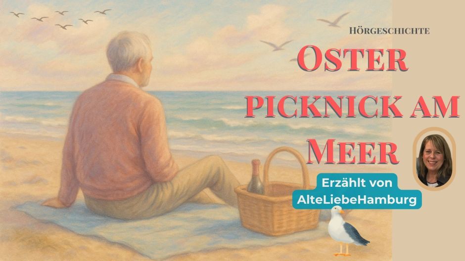 Ein Mann sitzt auf einer Decke am Strand und schaut auf das Meer hinaus. Über ihm fliegen Möwen.