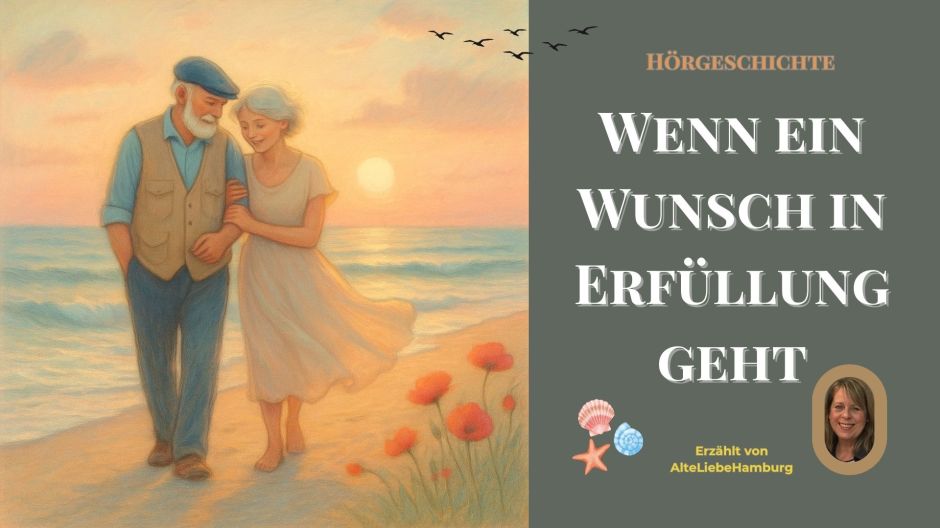 ein älteres paar geht am strand spazieren. im hintergrund sieht man das meer und die untergehende sonne.