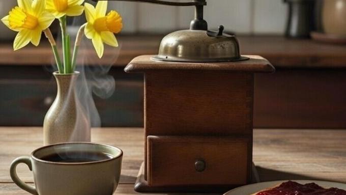 Alte vintage Kaffeemühle aus Holz mit Kurbel auf einem Tisch als dekoratives Unikat.