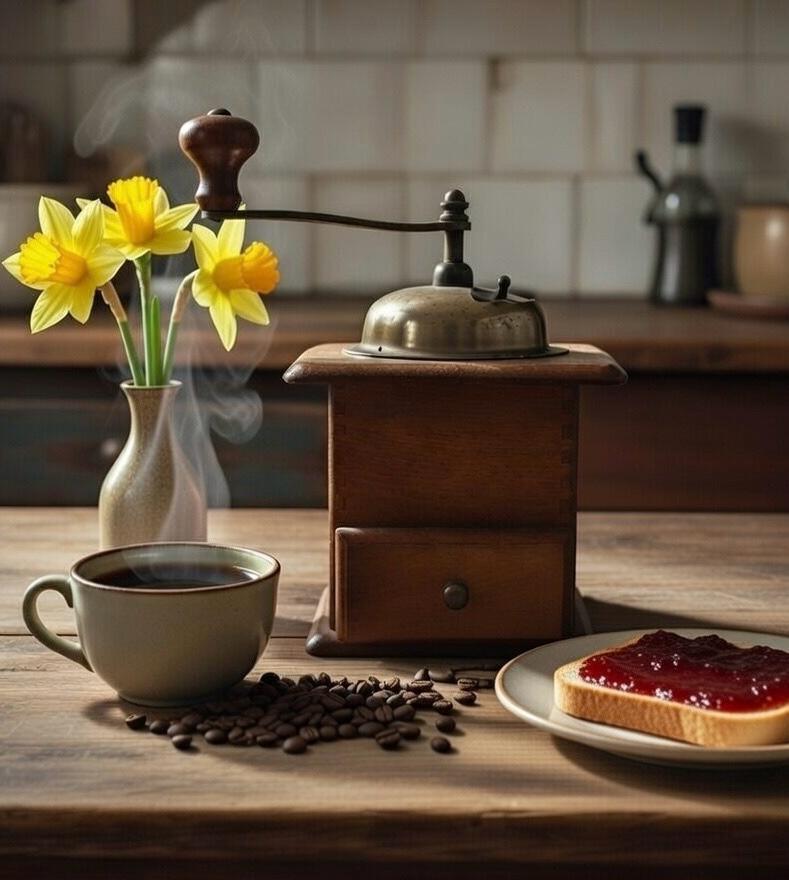 Alte vintage Kaffeemühle aus Holz mit Kurbel auf einem Tisch als dekoratives Unikat.