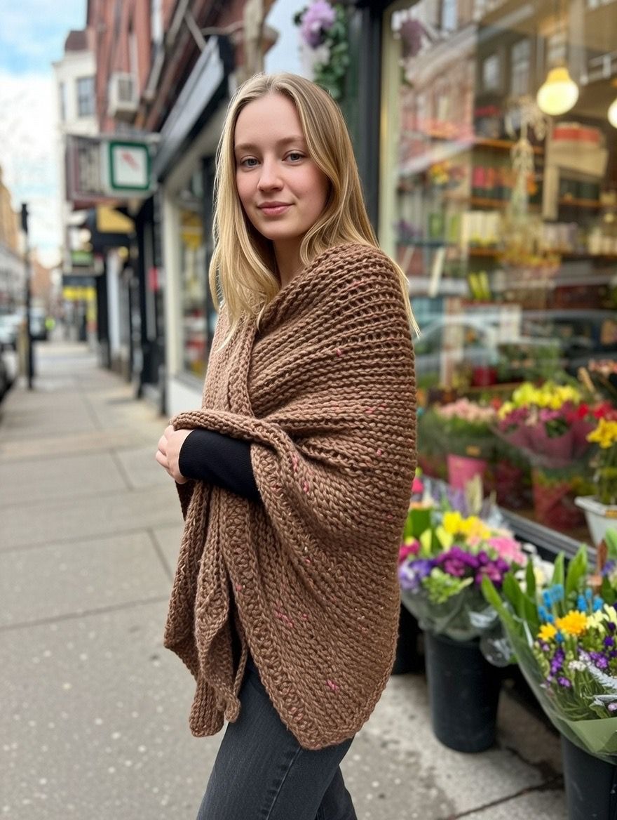 Handgestrickter Poncho aus Wollmischung, Merino, Alpaca in caramel Größe M–L, Damen Strickmode