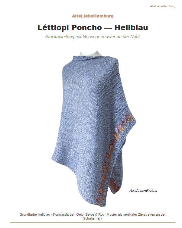 Strickanleitung Hellblauer Poncho mit Norwegermuster am unteren Rand, handgestrickt von AlteLiebeHamburg